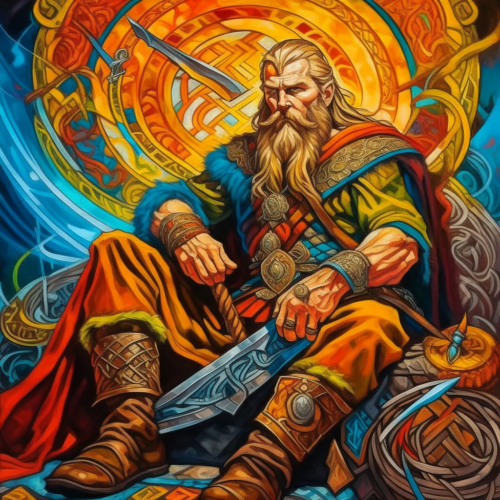 viking holger danske, transulent swirling beard and hair, his sword is golden, siting on his throne with wolfes on each side, alkohol ink, background swirley colorful with painted dragon on the wall, background colorful