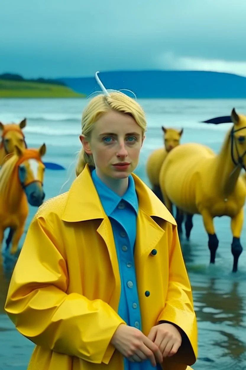 In the music video, a 23-year-old woman with blonde hair and bright blue eyes stands in the sea, se has a bun. dressed in a yellow fisherman's jacket ag. She holds an umbrella, but it offers no protection from the pouring rain. Around her, heavy horses are moving. The rain is pouring heavily. She is standing in the middle of the sea. You can see here completely. Horses only the girl and horses, i wanna see the horses dancing around her.. NOT SEXY!! middle of the sea, green pants