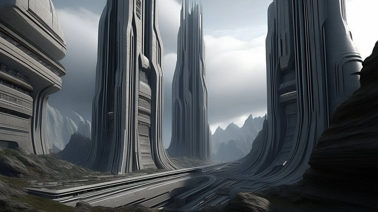 sci fi planet, rocky temple, zaha hadid city, concrete buildings