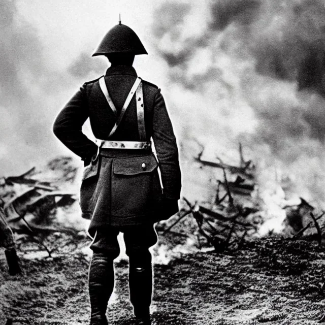  WW1 Era Soldier looks at a battlefield that is on fire