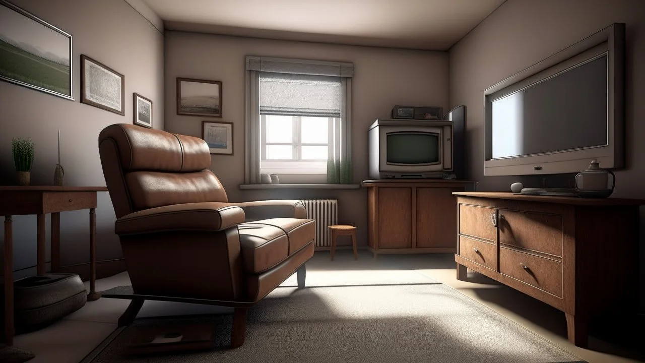 Photorealistic wide shot of an old woman's living room with white walls. Tidy and sparsely furnished with just one well-loved comfy leather recliner, side table and older tv. The recliner, at the long end of the room sits to one side and faces the tv. A small stool on wheels sits beside the tv. There is an open window with open drapes. The drapes appear to be hand sewn and tidy. The room feels empty and is bright but slightly desaturated.