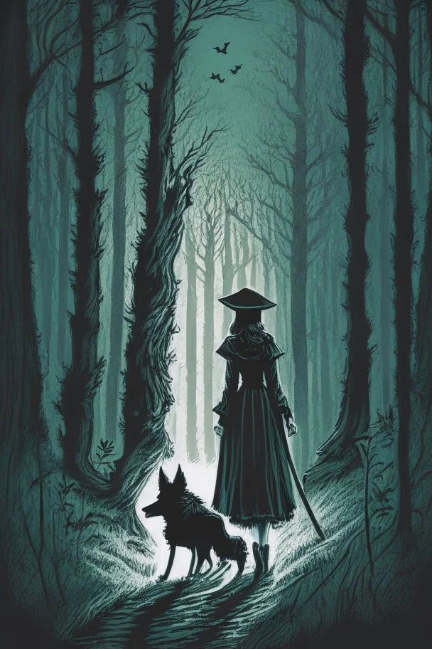 in the style of a Henry Justice Ford drawing, a beautiful witch walks through a dark forest, a dog is seen standing at the horizon waiting for her