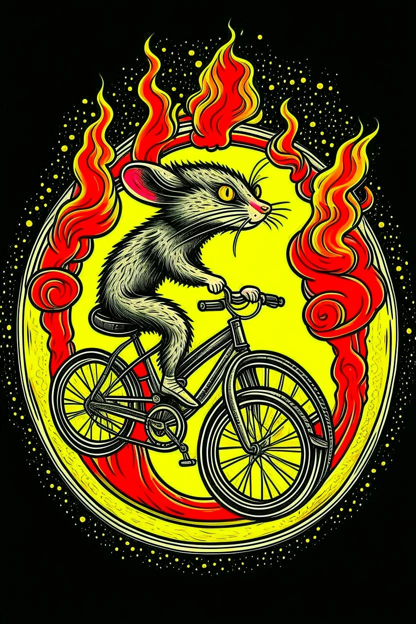 mouse on motorbike jumping through flaming hoop