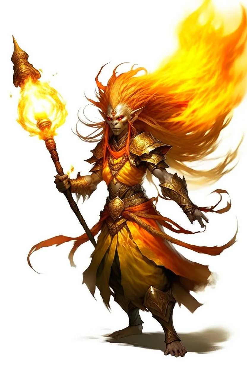 Air genasi from dnd with ashesen skin and asian flowing hair on head holding a Flaming spear in Monk attire with Fire giant symbolism