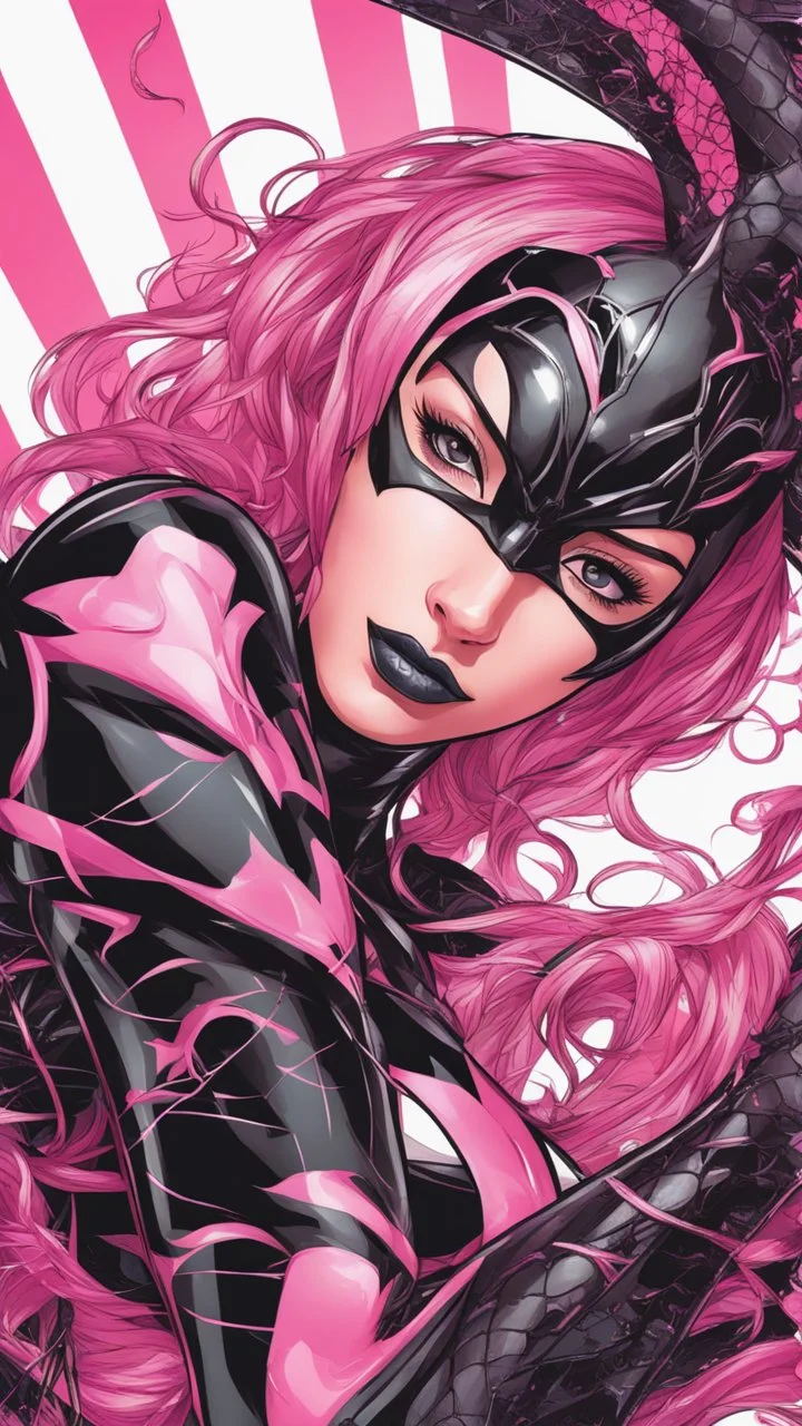 A close picture to Mix between gwenpool and symbiote, symbiote venom in background, pink and black custom, intricate details, highly detailedin in solo leveling shadow art style