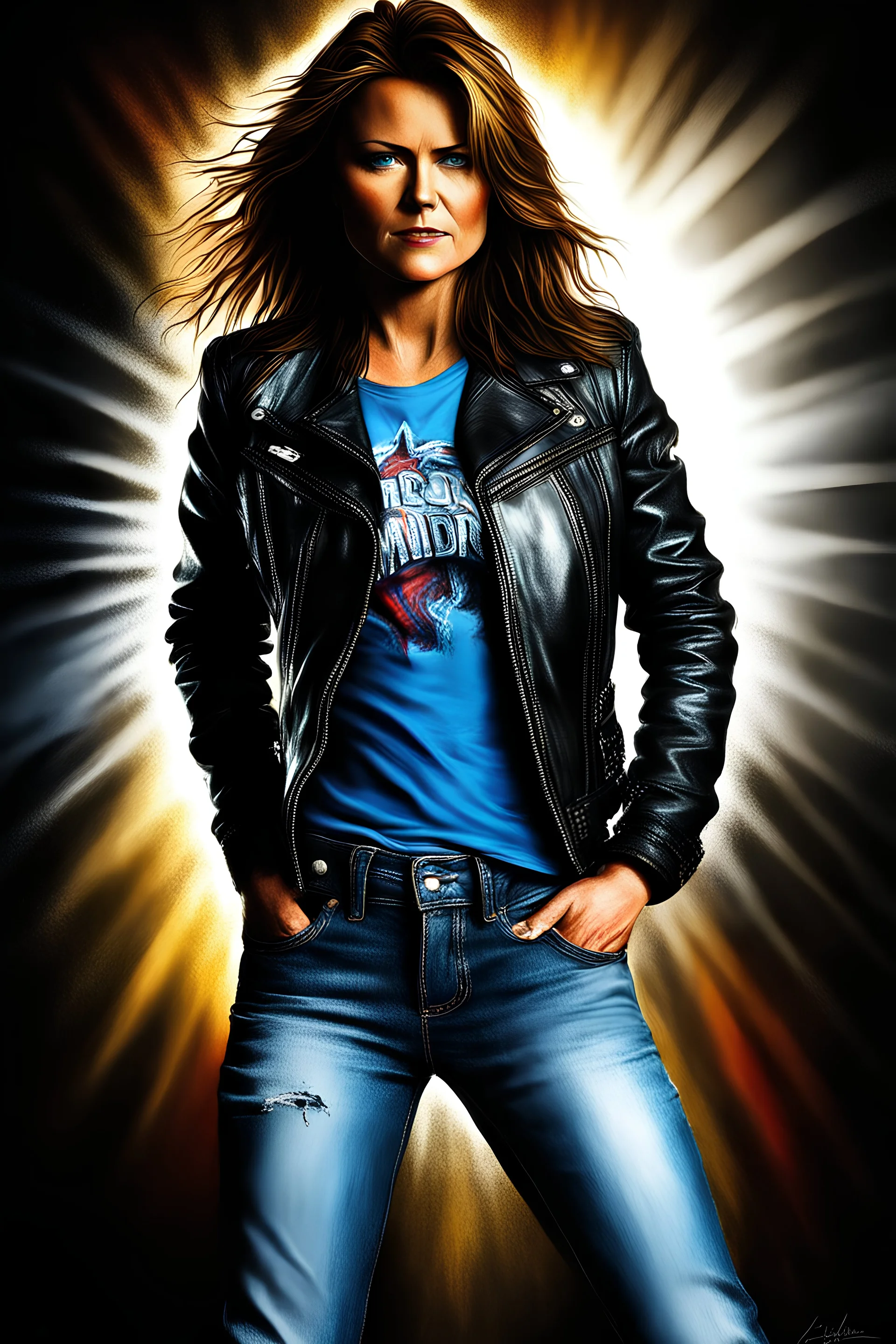 facial body Portrait - digital photograph, chiaroscuro, extremely colorful, vibrant, lifelike, 20th century masterpiece, rich deep colors, highly detailed portrait, beautiful, extremely gorgeous Lucy Lawless wearing a black leather biker's jacket, a black "Iron Maiden" T-shirt, Blue Jeans, black Converse sneakers, absolute reality