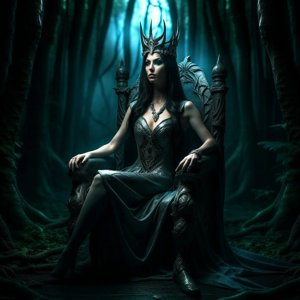 Morena Baccarin as a beautiful sexy dark elf queen seated elegantly on a throne in a mystical forest, dark celtic vignette frame, photo-realistic, cinematic lighting, award-winning photography