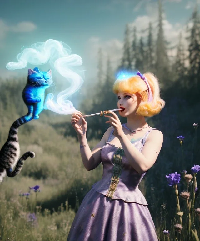 Ultra realistic wonderland photo, happy blonde woman smoking a pipe, blue dress, purple cat friend, circus dress style, old school tattoo, smoke, marijuana garden, glow eyes, perfect iris, soft color, highly detailed, unreal engine 5, cinematic, ultra detail, volumetric lighting, high definition.