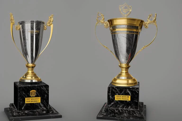 The trophy stands about 12 inches tall, and the base is a shiny, black marble pedestal with a silver plate on it, bearing the inscription "Champion's Triumph" in bold, elegant letters.