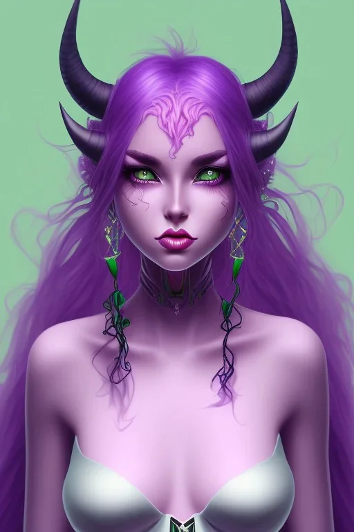 cute purple haired devil girl with bright green eyes and black horns on her head wearing a purple/pink dress