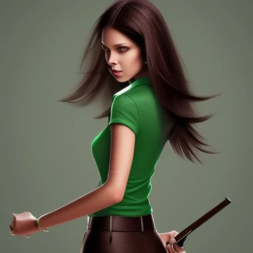 Woman with crook, back, black trousers, green shirt, render background, brown hair