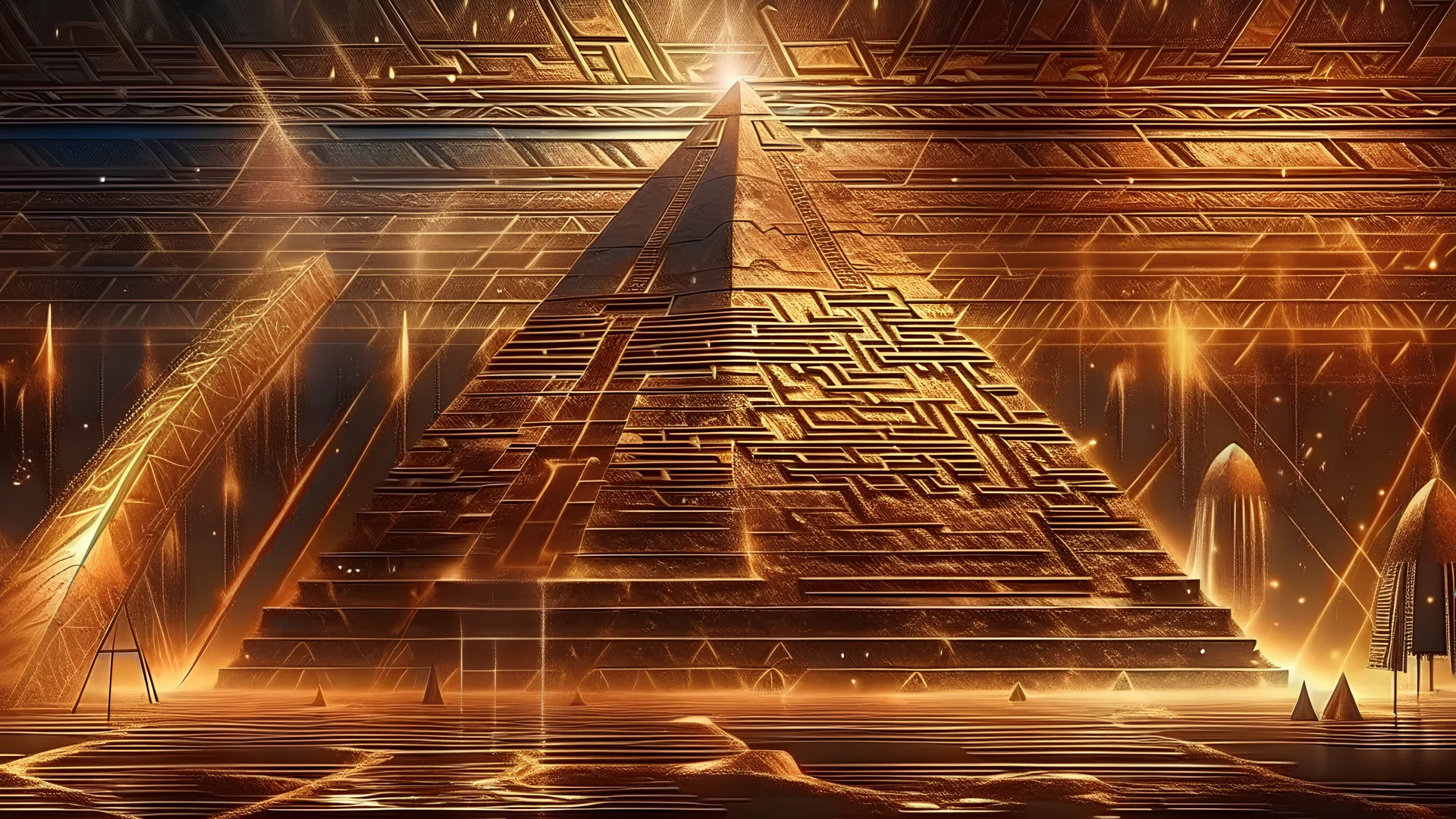 Wallpaper Ultra High quality hyperrealistic Egyptian hieroglyph wall with pharaohs and pyramids, glowing Procedurally generated sharply separated contours with glowing misty mystical background and foreground golden lightning and colourful dust, bottom view, golden ratio, retro futuristic horror fantasy psychedelic style