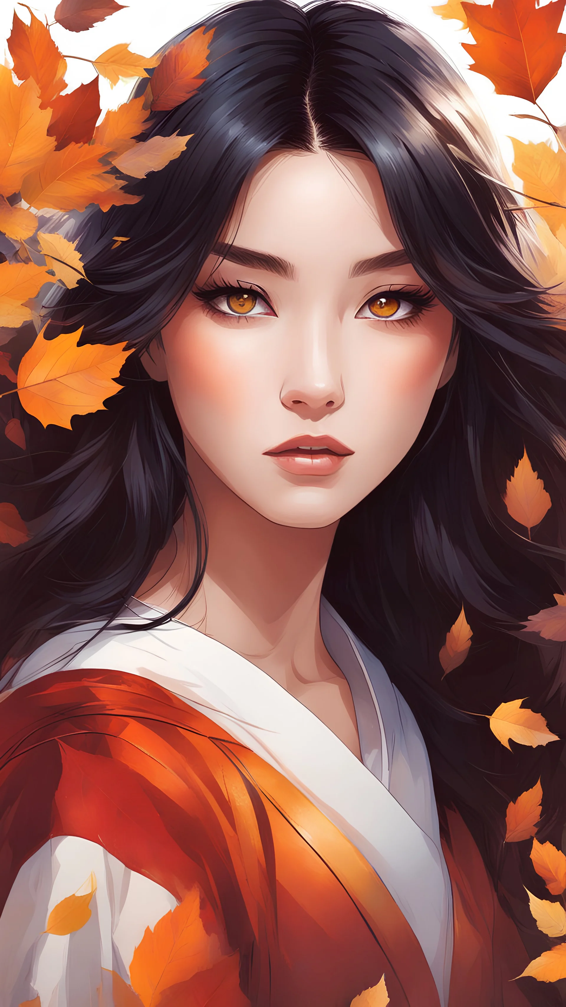 Autumn portrait with gradient fills , kanna hashimoto bright colorful eyes comicbook style. a harmoniously balanced image, illustration, high quality oil paint by wlop