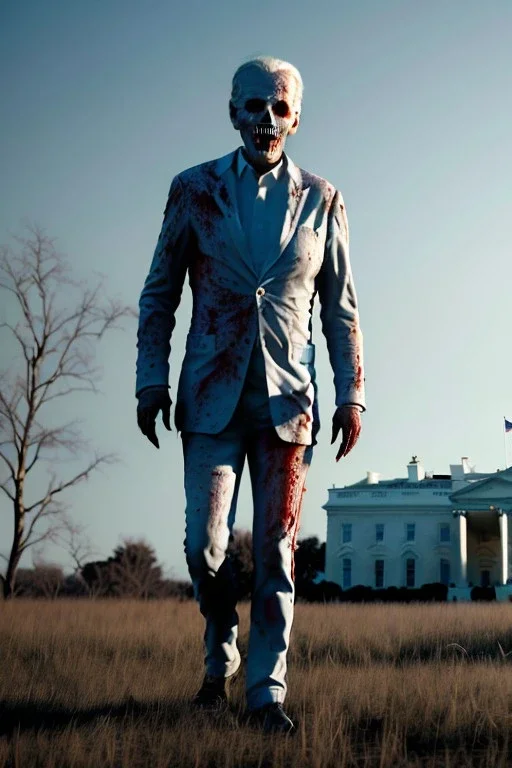 Ultra realistic image, joe biden zombie, zombie performance, suit, skull, blood, torn arm, night, walking twisted, waist up view, thriller style, dark ambient, highly detailed, White House background, concept art, unreal engine 5, god rays, ray tracing, RTX, focal lighting, ultra detail, volumetric lighting, 3d, finely drawn, high definition, high resolution.