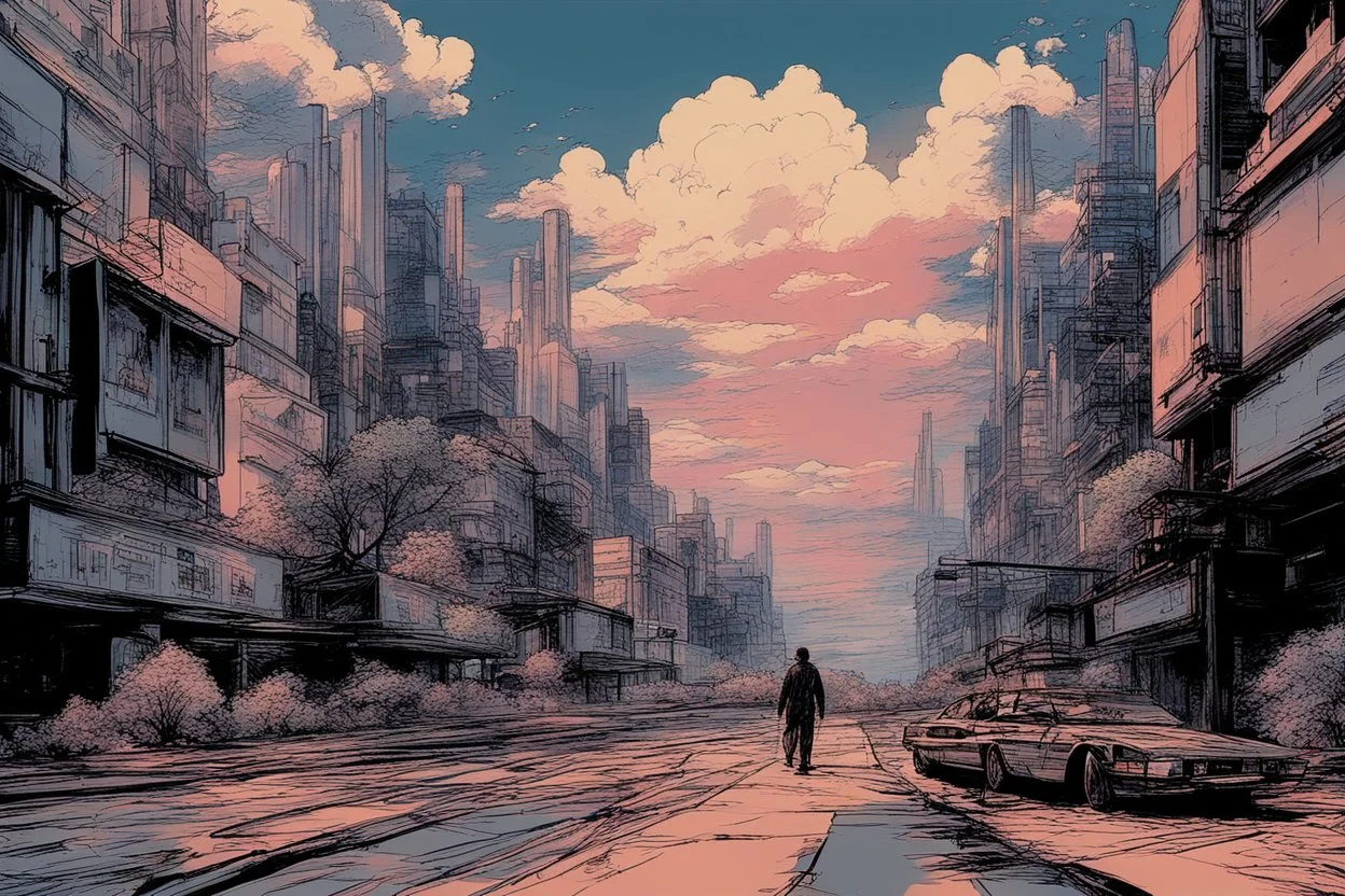 city, sci-fi, clouds, spring trees, people, gary numan and blade runner influence