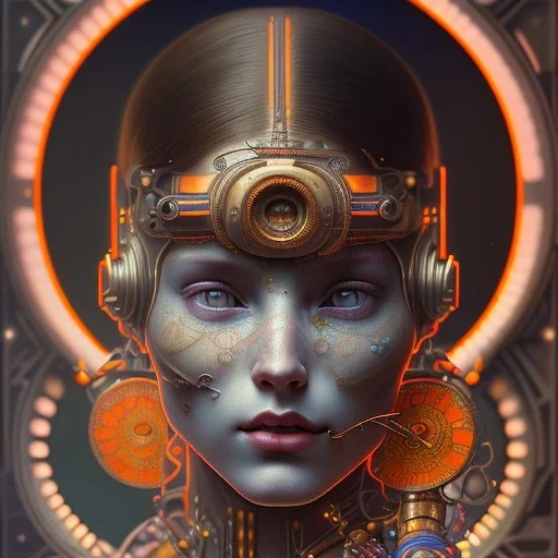 A beautiful portrait of a cute cyberpunk woman happy, alphonse mucha style, grain on the skin, tribal tatoos, orange color scheme, high key lighting, volumetric light high details, by Jarosław Jaśnikowski mixed with Sheila Martin mixed with Fletch mixed with Frank Sun mixed with Anna Dittmann mixed with Alena Aenami. octane render, redshift render,ambient lighting