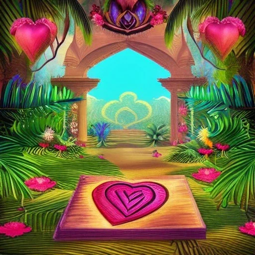  Tropical flowers, heart drawing, crystals, tropical leaves, sacred altar, Fantasy temple, Surreal landscape.