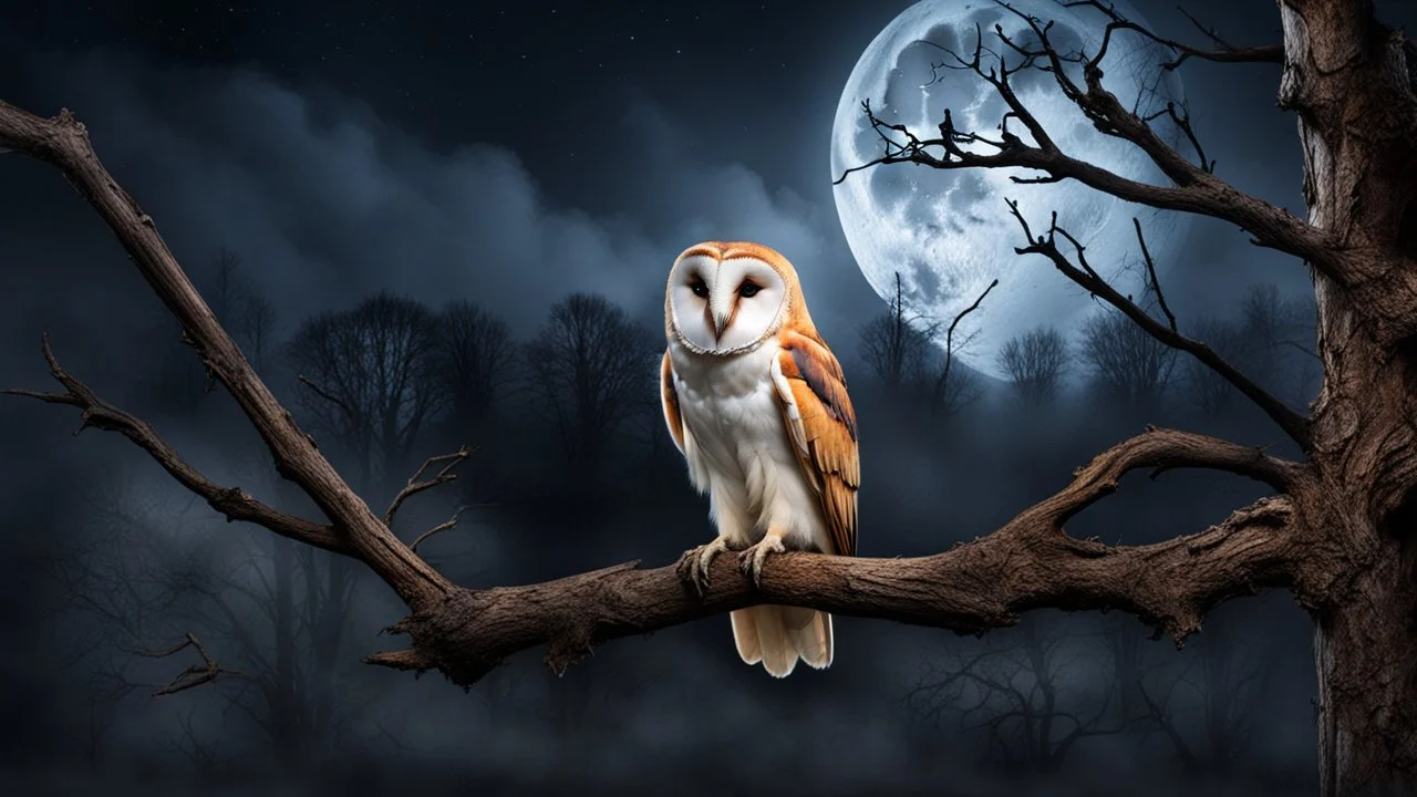 back to the camera a barn owl sitting on a tree branch close the window and looks in through the window into the room, night, thriller, fog, mystic, moon, high detailed, sharp focuses, photorealistic, cinematic, dramatic vibe