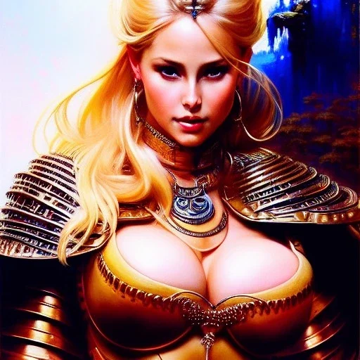 Drawing of beautiful face,'beautiful,Busty blonde Cammy',intense stare, ancient skintight armor, balanciaga fashion clothe painting by gaston bussiere, greg rutkowski, yoji shinkawa, yoshitaka amano, tsutomu nihei, donato giancola, tim hildebrandt, Oil on canvas, cinematic composition, extreme detail,fit full head inside picture,16k