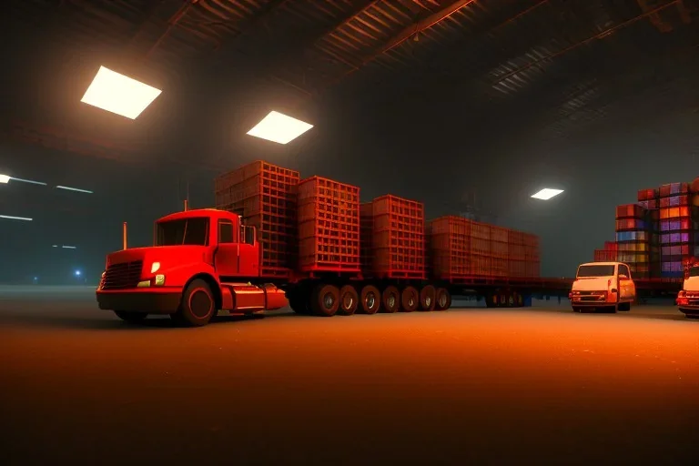 warehouse, new jeresey, trucks unloading, night time , unity, scriptable render pipeline , red tone, volumetric lighting.