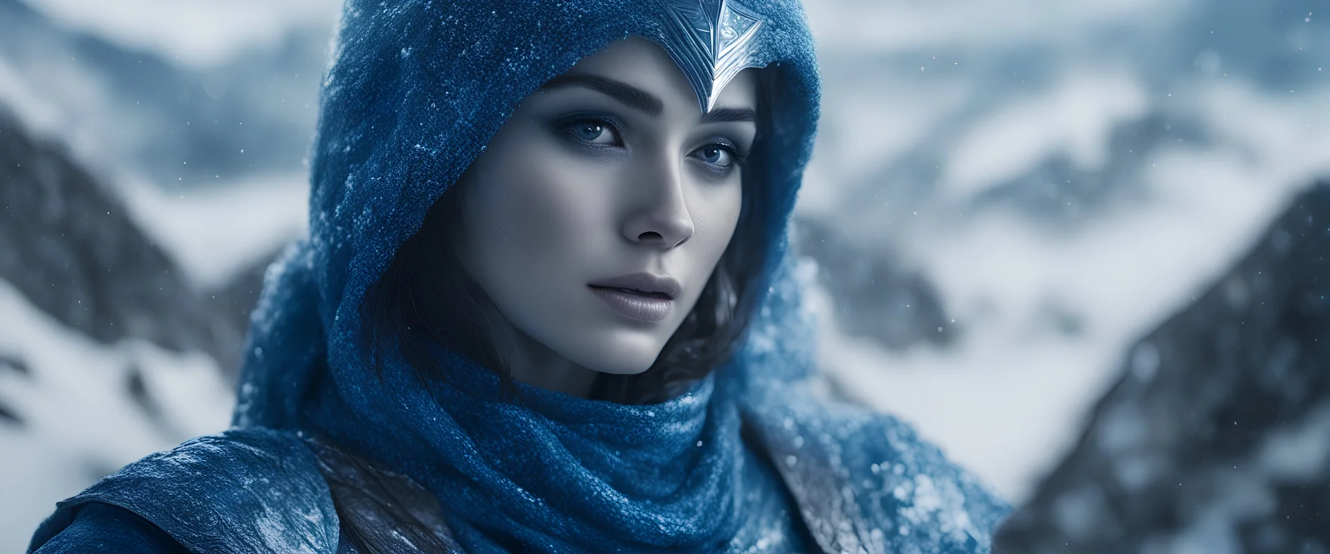 Photoreal gorgeous blue scaled skin blue skin triton blue skin ranger blue scaled skin blue skin woman with blue scaled skin blue skin blue as blue in an ice covered mountain landscape snowing at night by lee jeffries, otherworldly creature, in the style of fantasy movies, photorealistic, bokeh masterpiece smooth shading, ultra detailed, high resolution, cinematic, unreal 6, subtle shadows, octane render, 8k, cinema 4d, HDR, dust effect, vivid colors