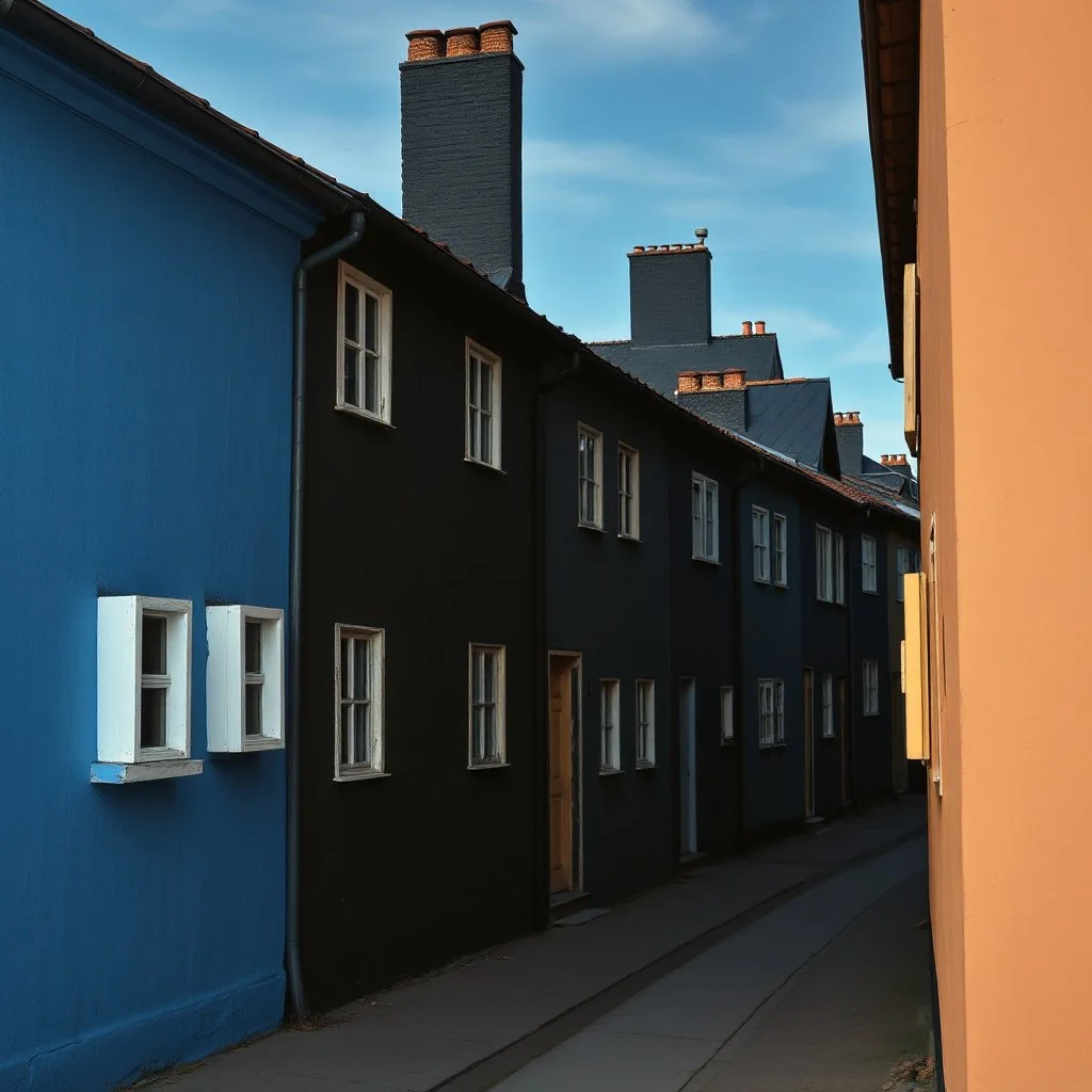 Fotografia di strada assurda e falsa orripilante blu weirdcore dai colori vivaci. Noe. Non luogo falso, inusuale. Max Ernst. Le case sono false e dipinte di nero chiaro con cose stilizzate e dettagli. Ci sono finestrelle false quadrate, che danno un senso distopico e molto surreale, disposte in modo casuale. L'atmosfera generale sembra noiosa e onirica, con un contrasto tra elementi reali ed elementi dipinti falsi, René Magritte, oddest things