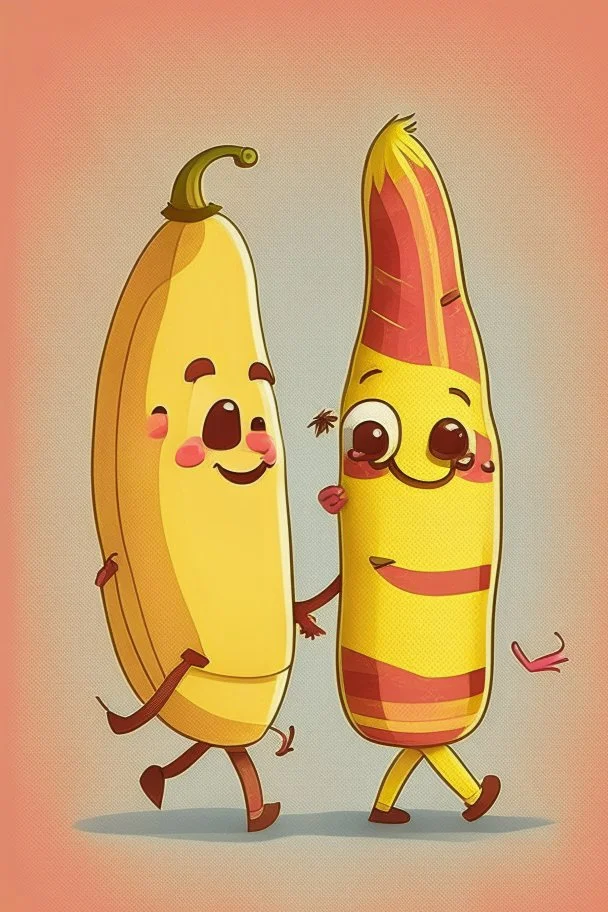 Banana and bacon cute cartoon characters being friends and holding hands