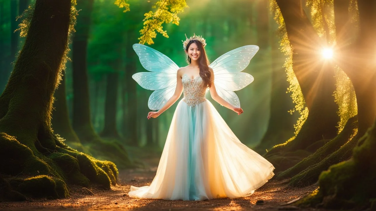 A gorgeous smiling Asian model in a fairy outfit with wings in a magic forest with 1000 y/o trees, a small torrent, sun rays through the branches, particles in the air at dawn