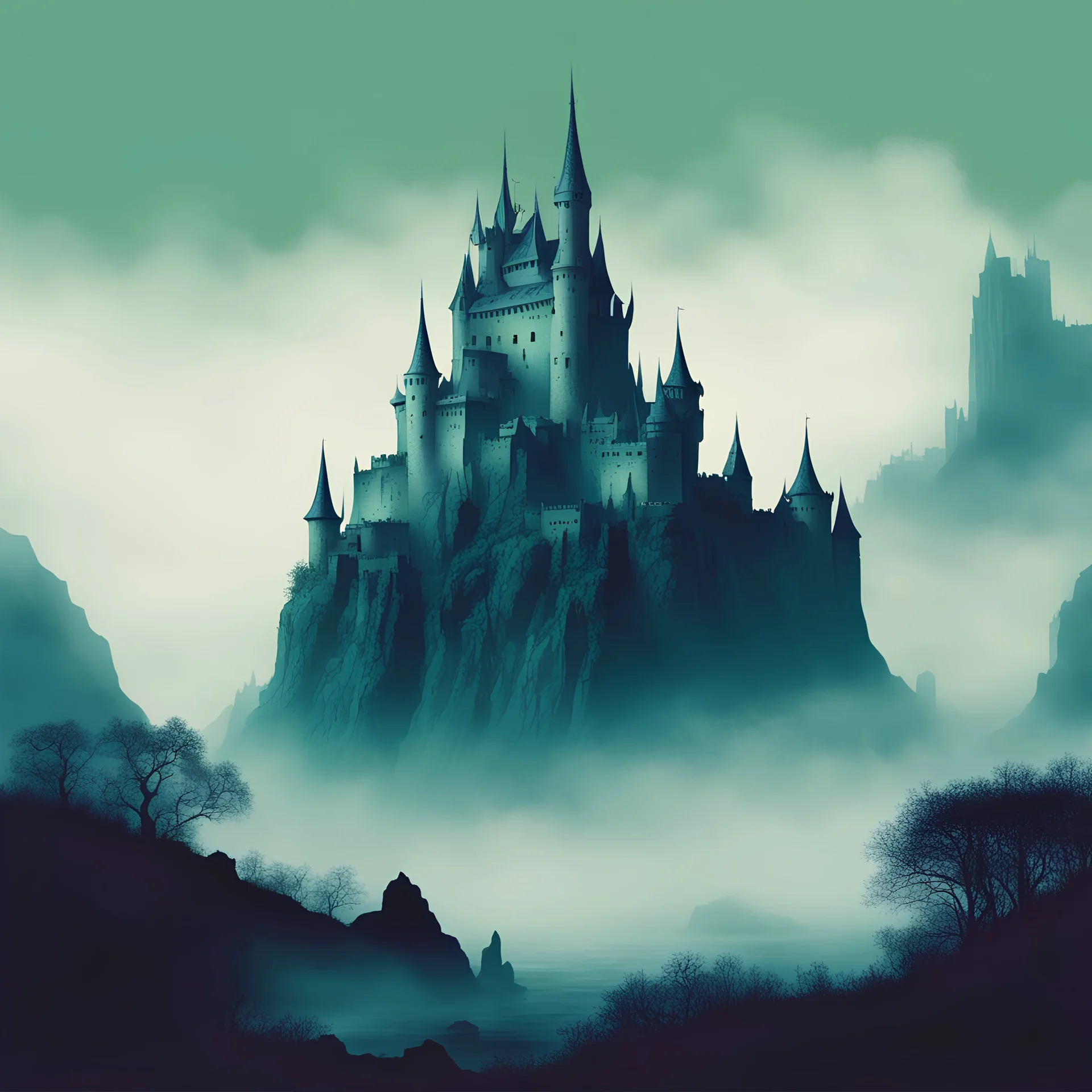 A elven castle in the mist undone and not fully formed in pop art style