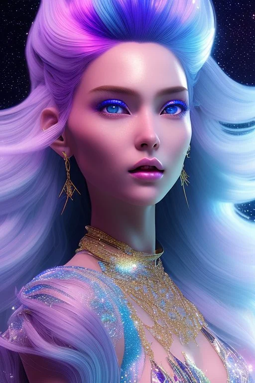 woman glitter blue fairy in a galactic ambiance, long blue hair, detailed gorgeous smile, delicate colors in the foreground, full of details, smooth, light effect，vaporwave colorful, smooth, extremely sharp detail, finely tuned detail, ultra high definition, 8 k, unreal engine 5, ultra sharp