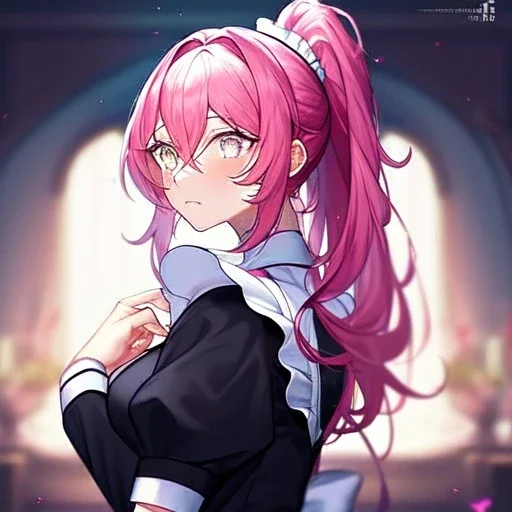 Clear focus, 8k, beautiful lighting, vibrant colors, girl, pink hair, long hair, vibrant white eyes, ponytail, messy hair, nervous, looking away from you, hair in between the eyes, maid,