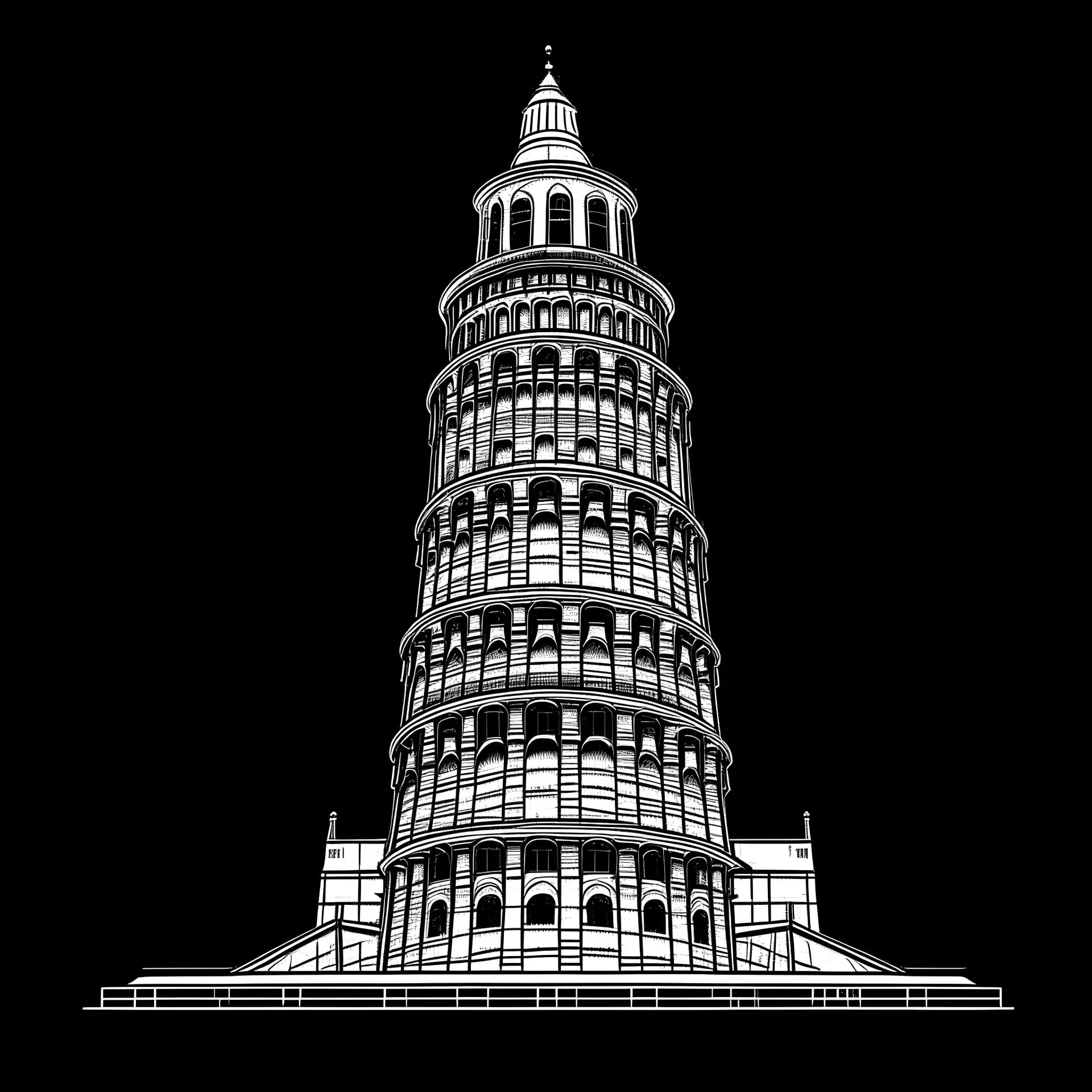 tegn et hvidt 2d billede af Torre di Pisa hvor tårnet er skævt med sort baggrund