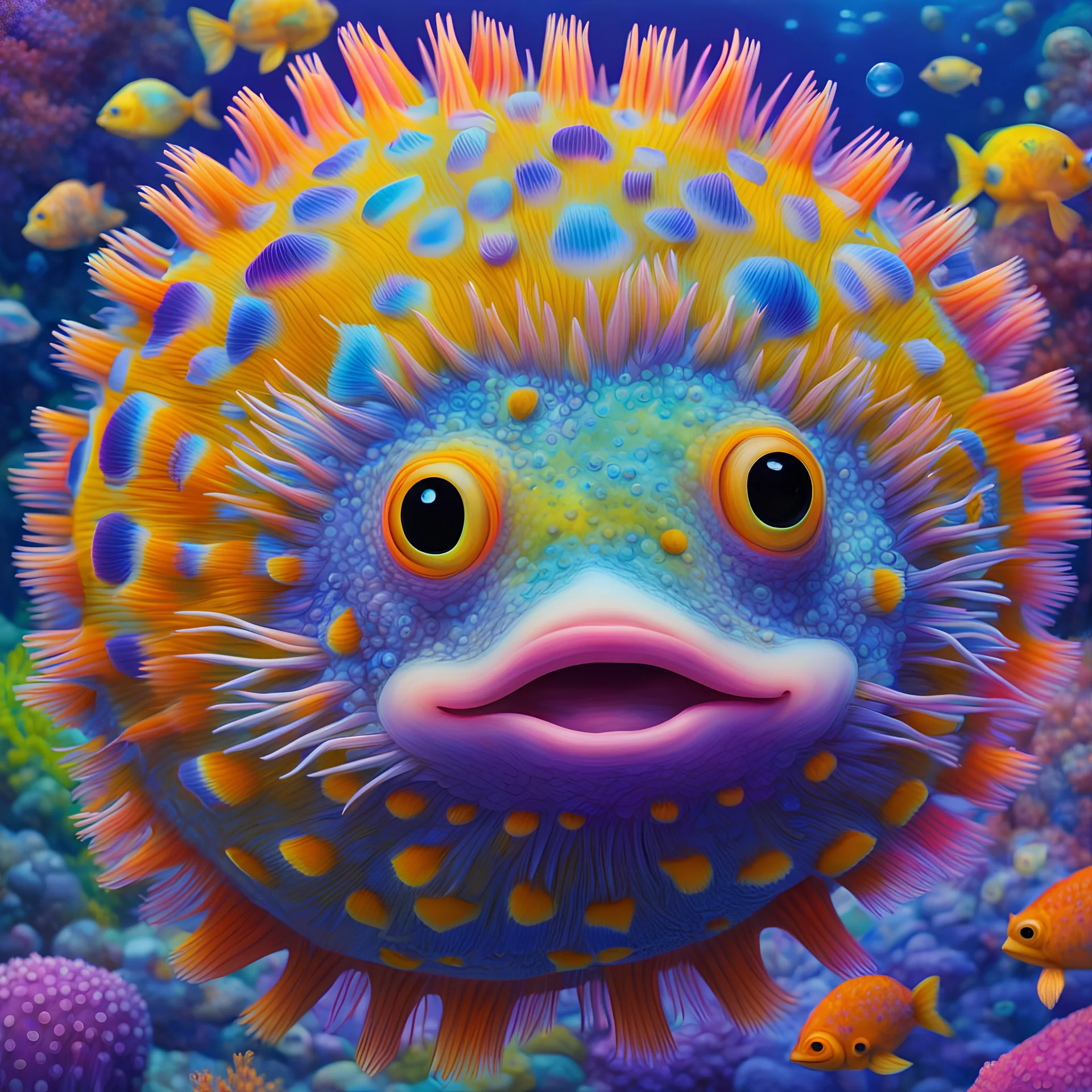 Round pufferfish, amazing detail, vibrant colors, underwater, by Lisa Frank