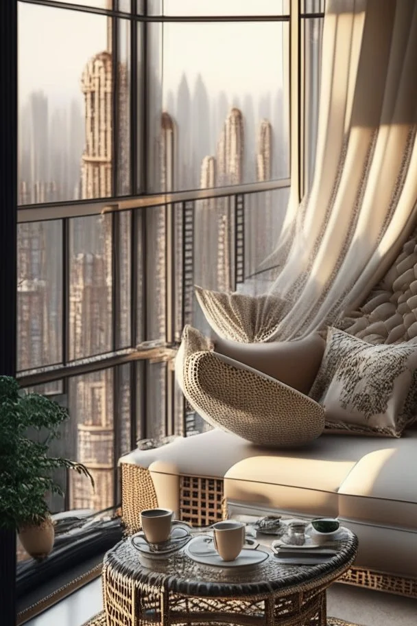 a wicker rattan sofa with silk and lace cushions , a glass-topped coffee table, an open book on top and a china coffee cup on the balcony of a luxury apartment, with a view of the luxury apartment through a large glass window in the background