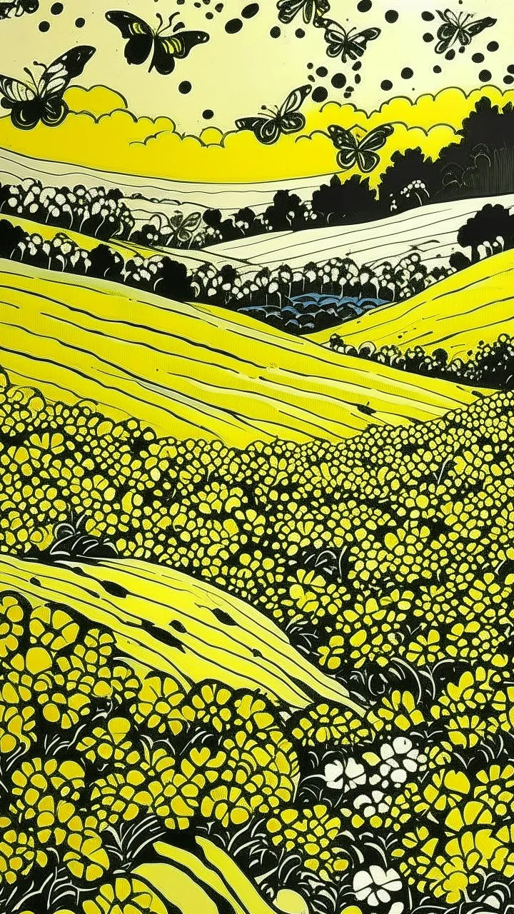 A yellow stinky field with butterflies designed in cave paintings painted by Roy Lichtenstein