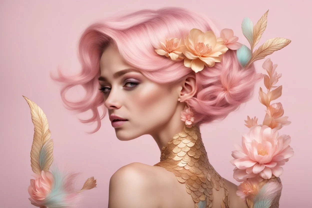 русалка, короткие волосы, а по бокам аксессуар виде цветов, палитра хвоста розово золотая, нежные пастельные цвета, красивая, нежная
