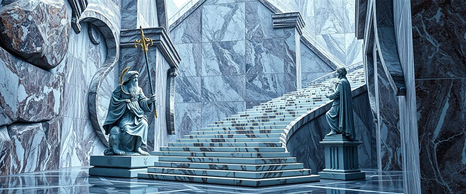 the chariot, the fool and the tower tarot card disaster rendered in magnificient 4d glossy marble stones reflective and wet, like mirrors, winding stairs, watchers, statues of perfect octahedron dice