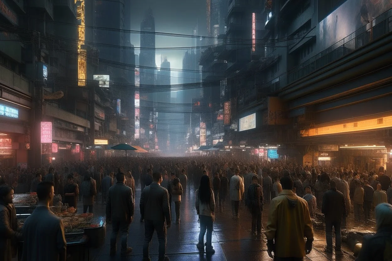 photograph of a downtown area in a cyberpunk city with crowd