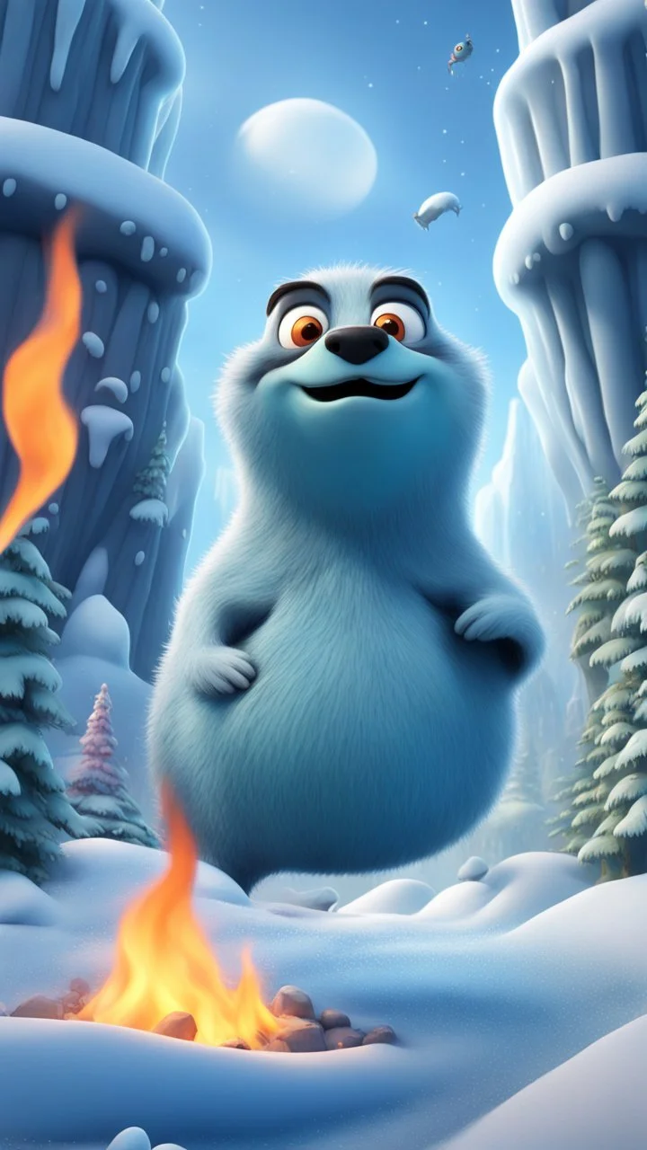 cannon ball seal with fire mustache above frozen artic jungle with weird alien towers gets torn apart under him, in the style of Pixar, expertly crafted in a whimsical and vibrant cartoon style. is masterfully rendered in a lifelike 3D design, which captivates viewers with there irresistible charm.