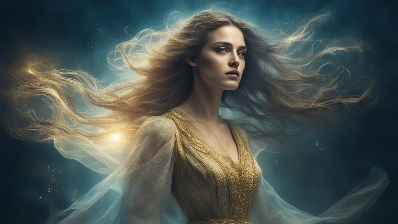 Victorian era, portrait of a beautiful woman 30 years old, beautiful airy dress, double exposure, fantasy, mystic, night, fog, flowing hair, water, glare, sparkles, gold, fine drawing, clear lines, bright colors, high resolution, 3D, clear lines, photorealism,