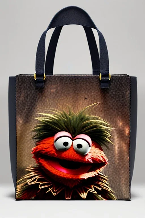 Fashion bag made with muppet fabric, Sesame Street style, fashion photo studio, unreal engine 5, god lights, ray tracing, RTX, lumen lighting, ultra detail, volumetric lighting, 3d.