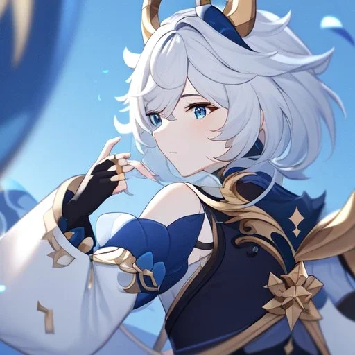 Clear Focus, High resolution, Genshin, white fluffy medium hair, blue eyes, dark blue sleeveless crop top, cut sleeves are white for the main color and secondary color is dark blue, wearing a short white skirt, wearing black fingerless gloves, golden antlers, Extreme close up