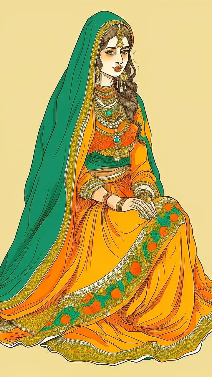 AN ILLUSTRATION OF a girl wearingmehdi lehnga dress