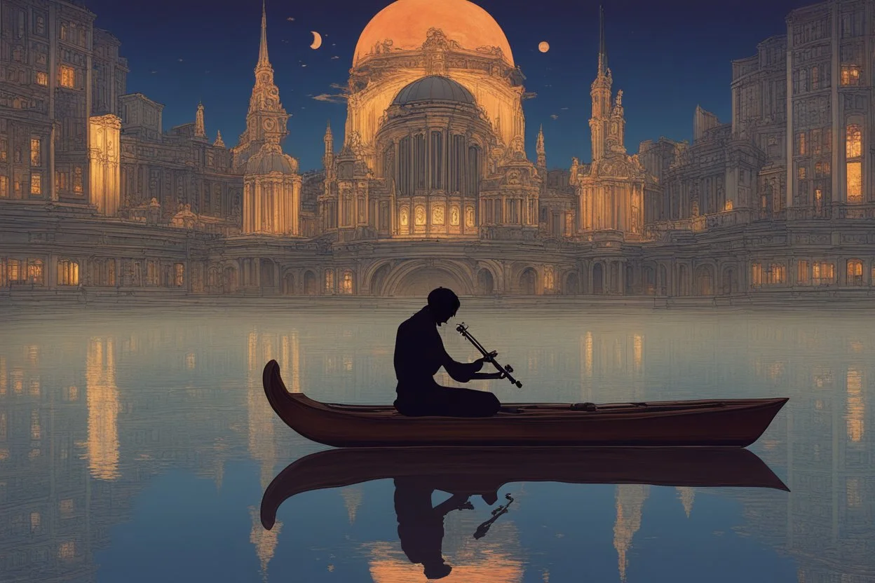 **A lone musician performing a serene melody on a floating city at dusk, art nouveau style --ar 16:9** - <@1191242266925338689> (relaxed)