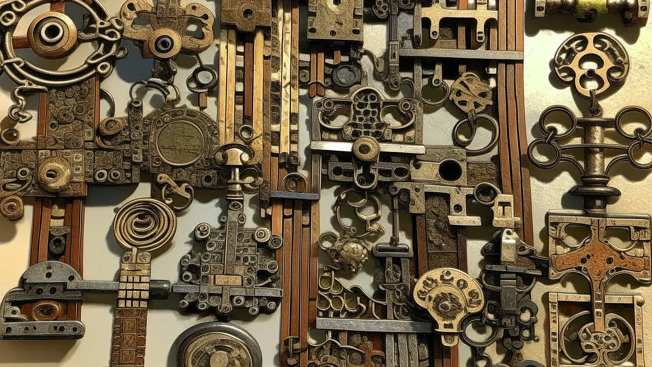 An offbeat assemblage of antique keys and locks, arranged in surreal patterns that invite exploration and curiosity, where the mundane becomes a portal to the extraordinary