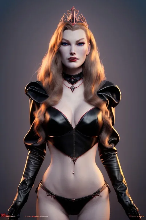 Veronica Lake as evil queen in black leather, leather, busty, cleavage, angry, stern look. character design by cory loftis, fenghua zhong, ryohei hase, ismail inceoglu and ruan jia. unreal engine 5, artistic lighting, highly detailed, photorealistic, fantasy