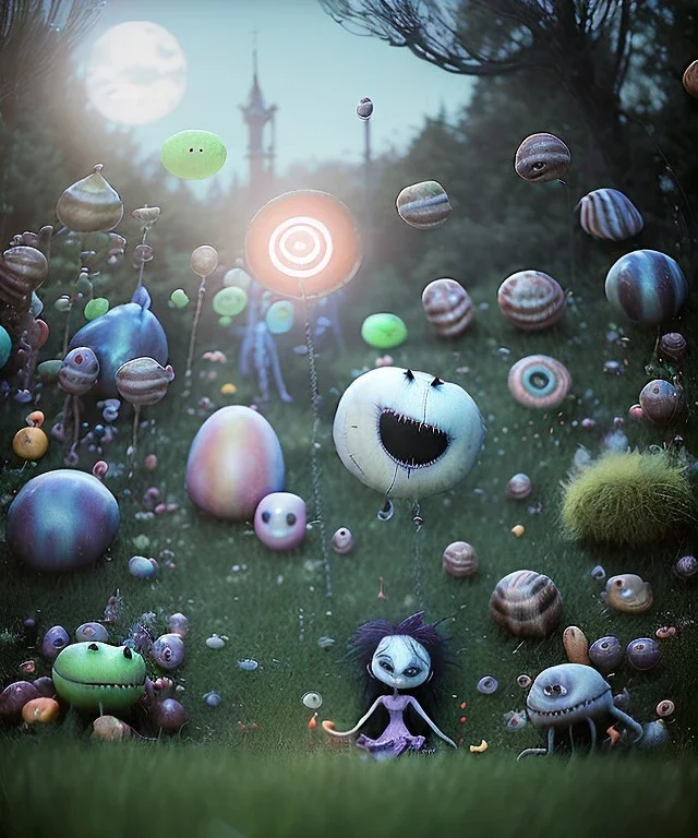 Tim burton photographer, Ultra realistic garden night scene, portrait, wide angle view :: child playing with feather pillows and sweet inflatable monsters, circus dress style, feather color, free jumping, many trinkets, hair monster, many jelly beans, balls, smile, extreme, wind, soft color, highly detailed, unreal engine 5, ray tracing, RTX, lumen lighting, ultra detail, volumetric lighting, 3d, finely drawn, high definition.