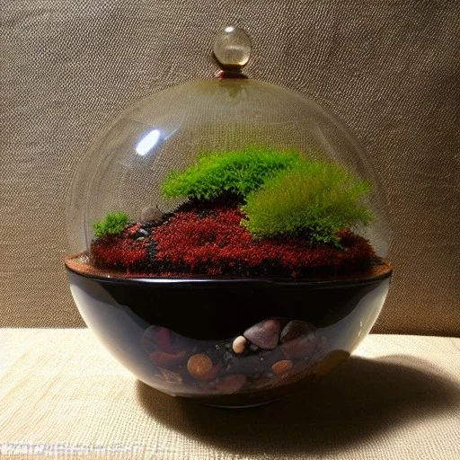 exquisite red maple bonsai terrarium in a glass orb, petrified wood, pebbles, dewdrops, dappled sunlight, linen backdrop