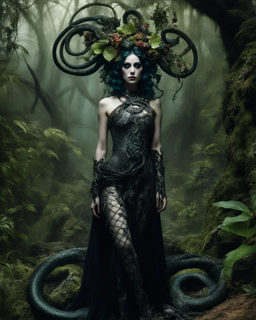 Full a length image gothic horor photography full body realistic art of beauty makeup Gothic medusa surrealism,cobra snakes wrapped around body grotesque, mysticism, flowers jungle, fabulous living outlandish dragonfly floral spiral twisted ornate world in baroque style half body medusa girl dark creepy forest dryad