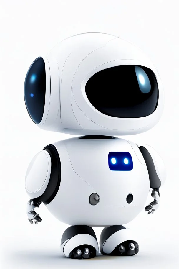 cute minimalistic robot with a big head, small body, digital face with pixeled eyes, happy face, oval body, head and body together, white skin, no legs, no feet, integrated painter arm, 3/4 angle, awesome pose, white background